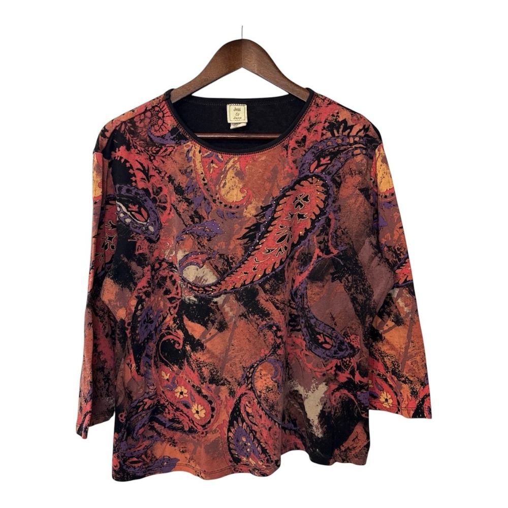 Jess and Jane Paisley Art blouse women's XL orange Autumn Fall rhinestones boho